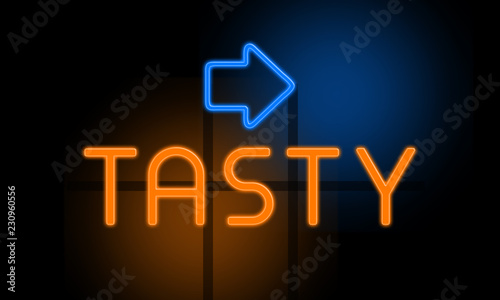 Tasty - orange glowing text with an arrow on dark background