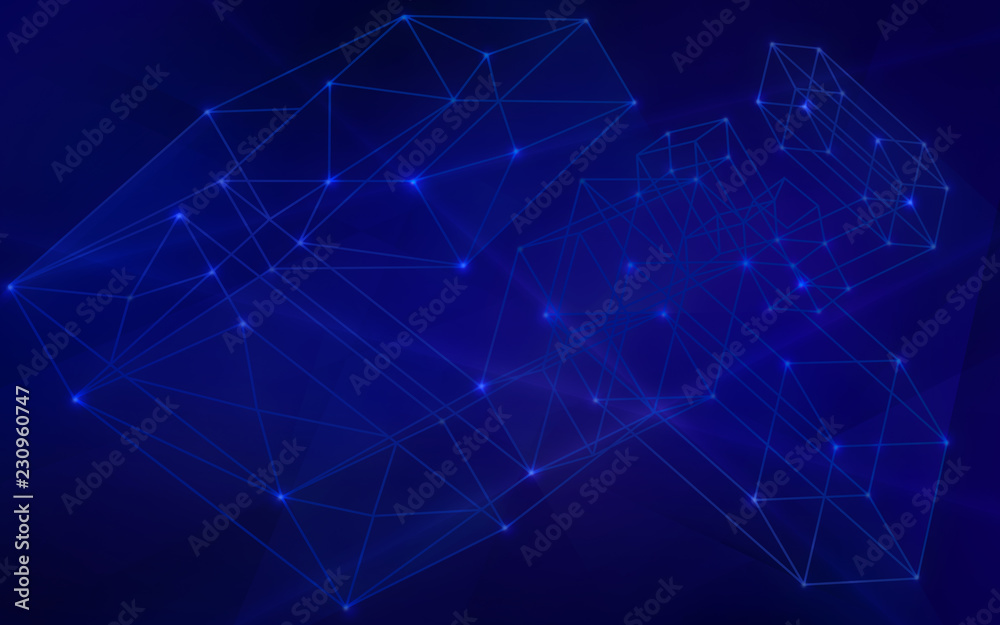 Blockchain network dark blue background. Abstract image of the concept of information exchange between the nodes of the network.