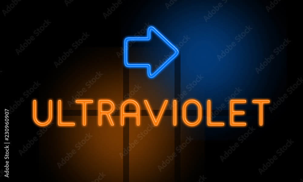 Fototapeta premium Ultraviolet - orange glowing text with an arrow on dark background