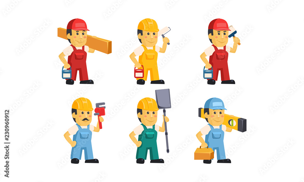 Builder workers in overalls with different tools set, construction staff cartoon characters vector Illustration on a white background