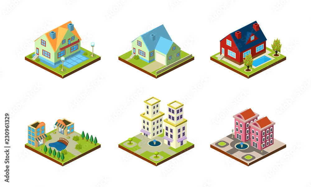 City buildings set, urban landscape esign elements, private real estate, public buildings vector Illustration on a white background
