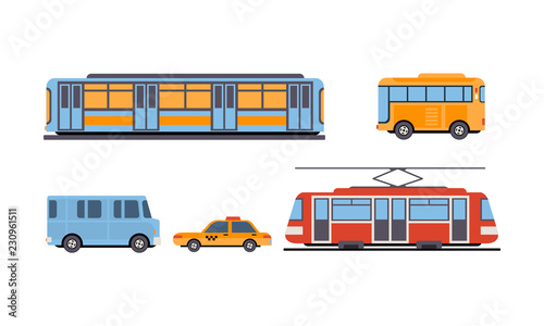 Subway, bus, tram, taxi, public city and intercity transportation vehicles set vector Illustration on a white background