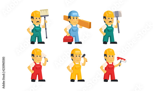Builder workers in uniform with various construction tools, handymen cartoon characters vector Illustration on a white background