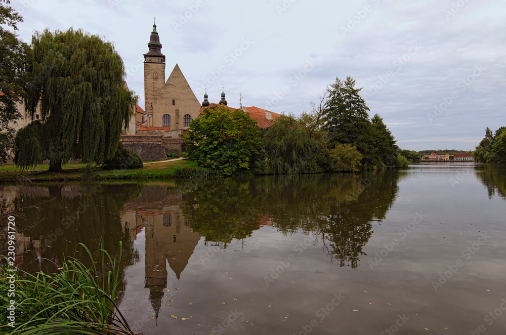 A picturesque park with a lake near the castle of Telc. Ancient buildings at the background. Summer landscape photo. A UNESCO World Heritage Site. Southern Moravia, Telc, Czech Republic