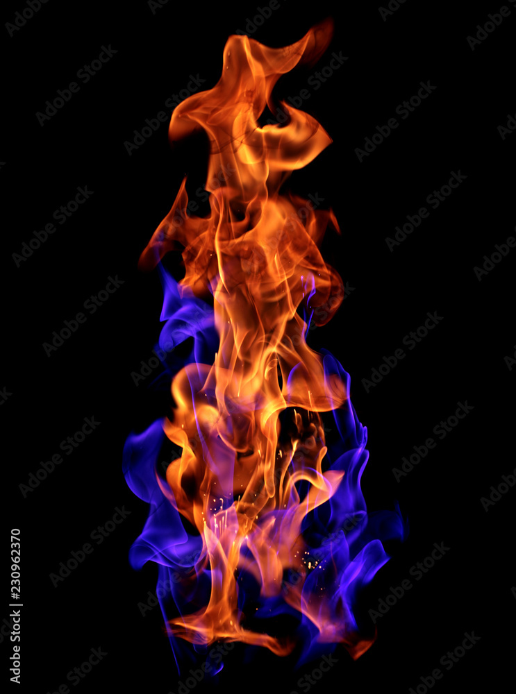 Red and blue fire flames on black background Stock Photo | Adobe Stock