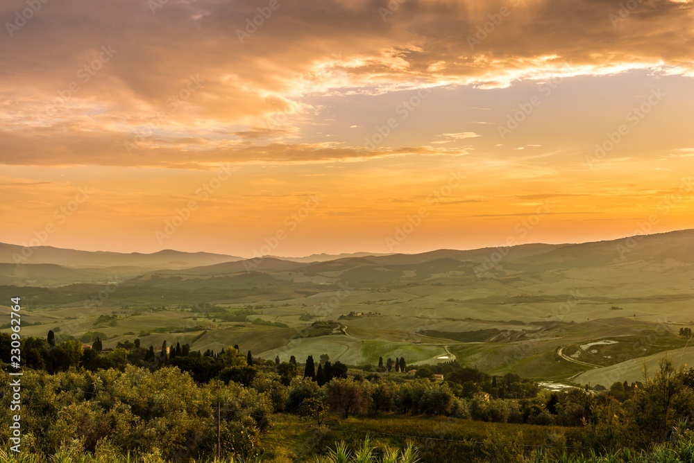Evening view at the Tuscany countryside from Volterra in Italy