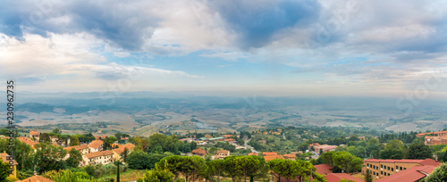 Panoramic view from Volterra to Tuscany countryside in Italy