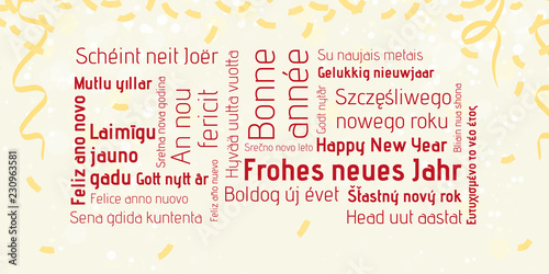 Frohes Neues Jahr in verschiedenen Sprachen - Konfetti Textwolke