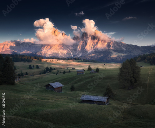 Seiser Alm. The last rays of light illuminate the Sassopiatto and the sassolungoo