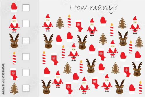 How many counting game with christmas pictures for kids, educational maths task for the development of logical thinking, preschool worksheet activity, count and write the result, vector illustration