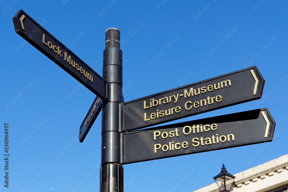 Signpost in the city centre in Willenhall, United Kingdom.
