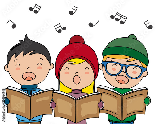Children singing with winter clothes. Vector isolated