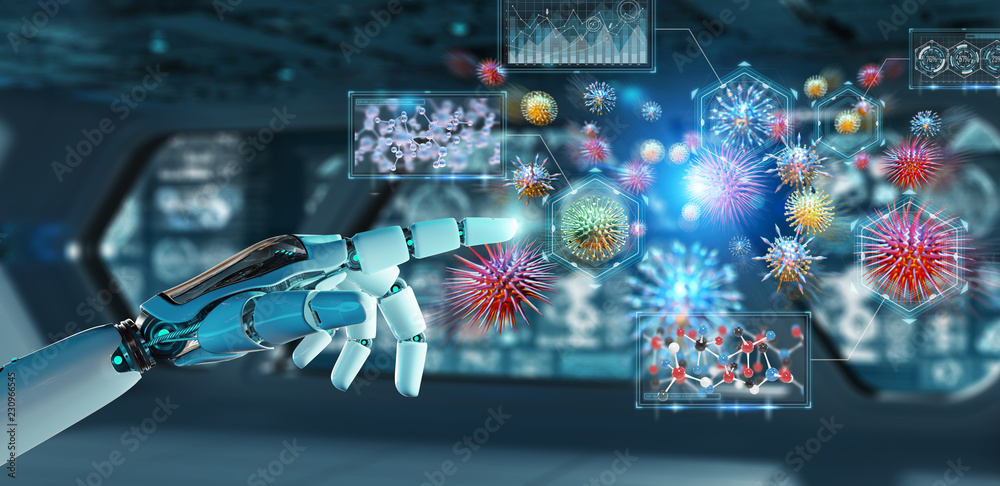 Naklejka premium Cyborg creating and analyzing nanovirus 3D rendering