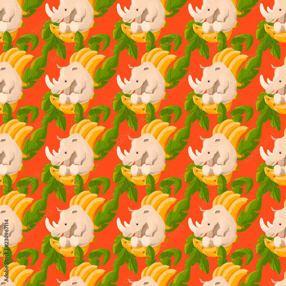 Obraz premium fantasy composition consisting of animals and plants. Rhino sits on bananas and is surrounded by leaves