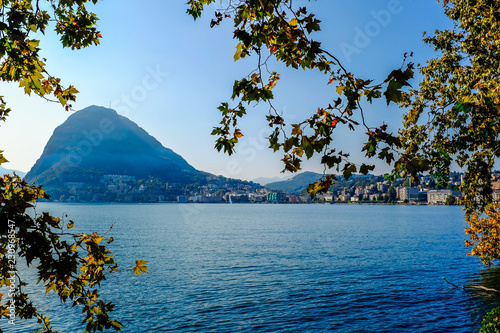 View of Lugano lake with his beautiful bay , during a sunny day. Ticino,Switzerland