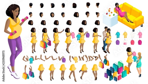 Quality Isometry pregnant African American girl. Set of hairstyles and emotions of a girl. Set of hands and feet in motion. Set of babies and clothes, create your own character