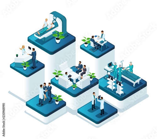 Isometric doctors concept of the work of medical personnel in a hospital. Concept of treatment and conducting surgical operations in the clinic