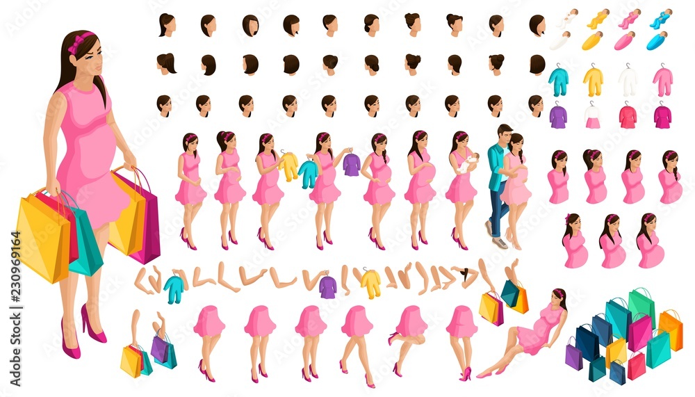 Isometrics create your pregnant girl or mother. Set of hairstyles and emotions of a girl. Set of hands and feet in motion. Set of babies and clothes, create your own character