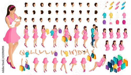 Isometrics create your pregnant girl or mother. Set of hairstyles and emotions of a girl. Set of hands and feet in motion. Set of babies and clothes, create your own character