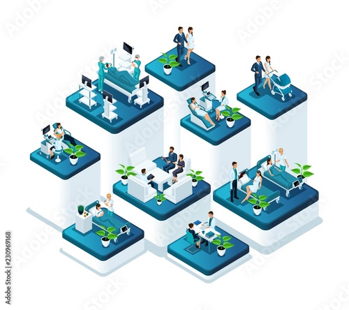 Isometric medina concept of the maternity hospital, family planning in the hospital, pregnant women, newborn. Conception of the birth of children in the clinic