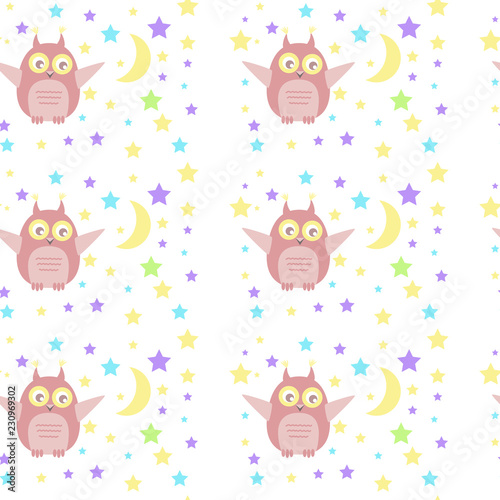 Vector seamless pattern with cute owl. Can be used for baby shop, store, market, kids centre, kindergarten. Background for banner, decoration, wallpaper. EPS10