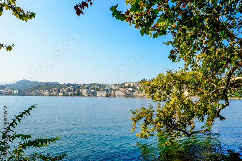 View of Lugano lake with his beautiful bay , during a sunny day. Ticino,Switzerland
