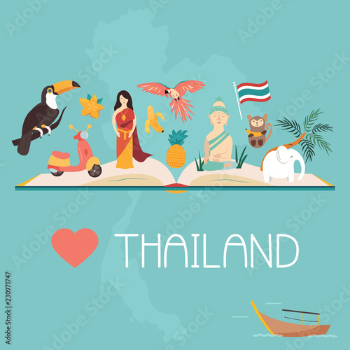 Thailand bright poster with landmarks and symbols