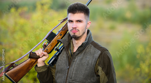 How turn hunting into hobby. Guy hunting nature environment. Masculine hobby activity. Hunting season. Man bearded hunter with rifle nature background. Experience and practice lends success hunting