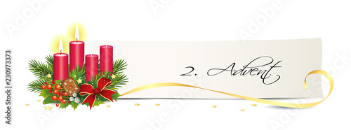 Advent Banner mit Kerzen, Karte, goldene Sterne und Schleife
2. Advent,  Adventsgesteck,
Vektor Illustration isoliert auf weißem Hintergrund

