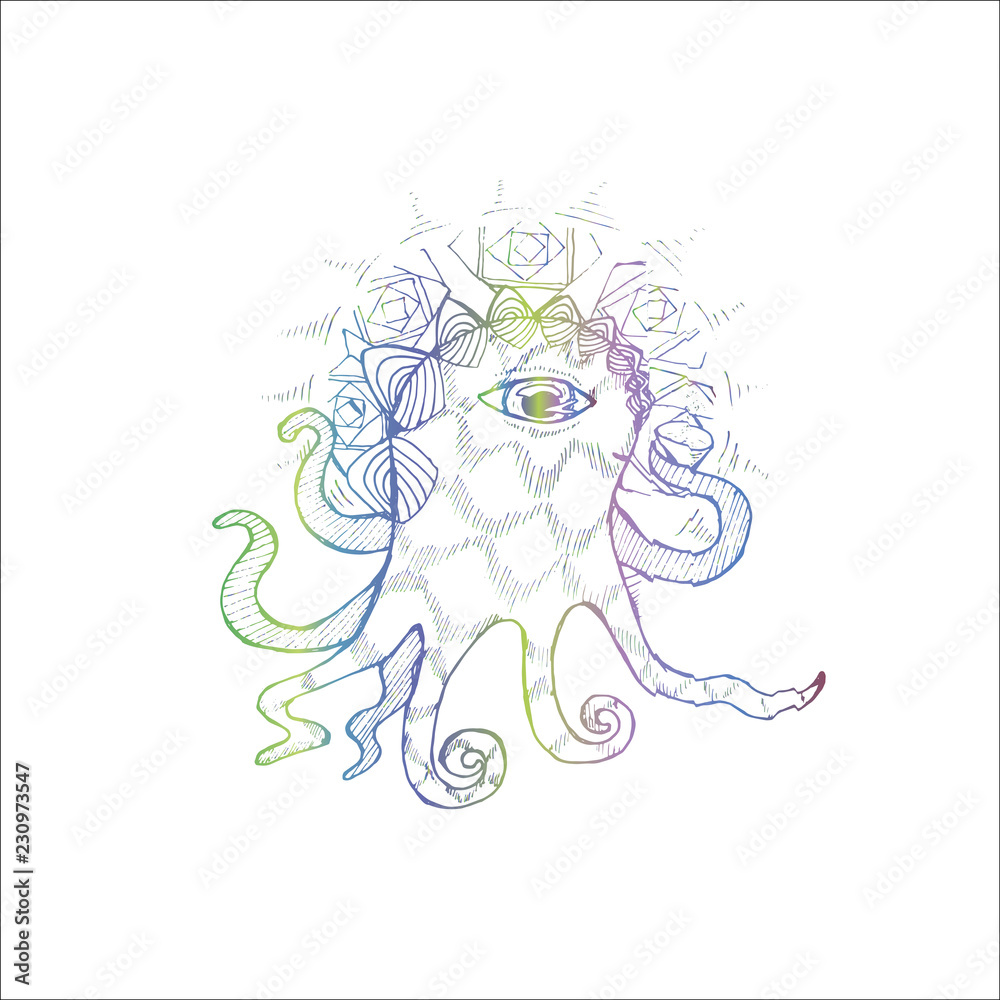 Neon and white illustration of a fabulous octopus that drinks tea.