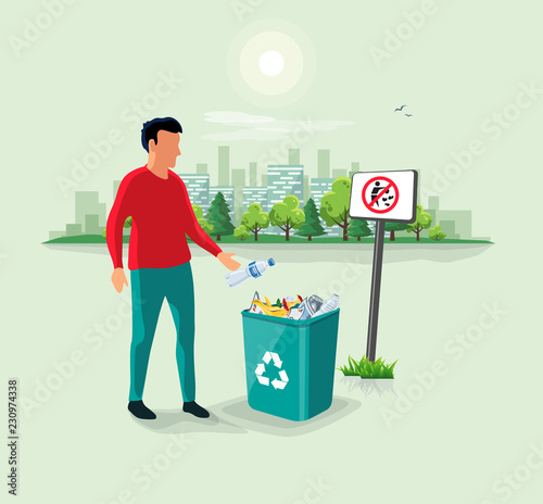 Caucasian person man throwing a plastic bottle waste in green garbage bin. No littering sign and urban city landscape park in the background. Flat vector trash illustration. Rubish recycling concept.