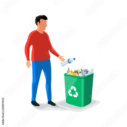 Caucasian person man throwing a plastic bottle waste in green garbage bin. Isolated flat vector trash illustration on white background. Rubish recycling concept.