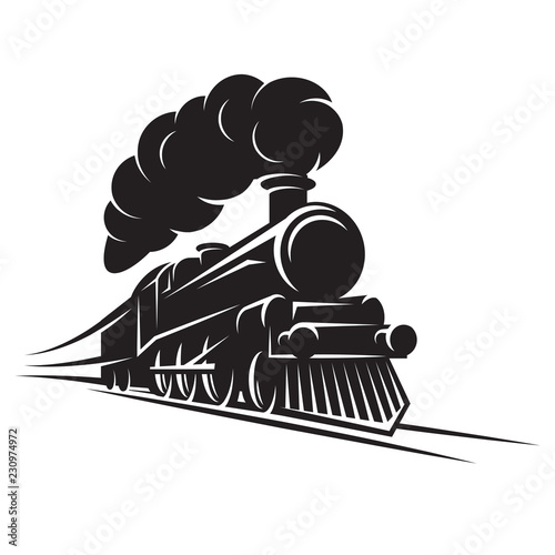 Monochrome pattern for design with retro train on rails. Vector scalable illustration photo