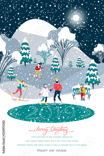 Merry Christmas 2019 poster with people walking outdoors in park.