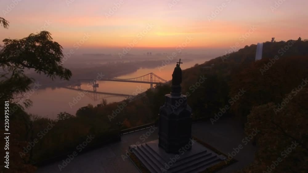 Aerial view to statue of St. Volodymyr in city park. Kyiv. Ukraine