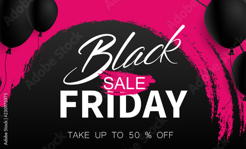 Black friday sale pink promo poster with brush stroke design and balloons.
