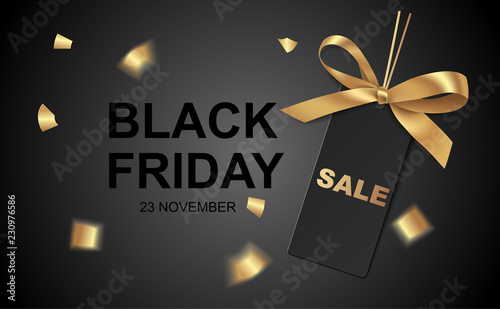 Black friday Sale design template. Vector illustration. Black price tag with gold bow on black background