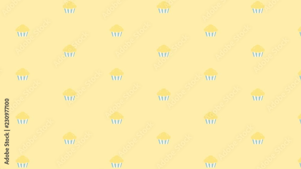 Diseño de patrón con ilustraciones de muffins o cupcakes amarillos y azules en movimiento sobre fondo amarillo