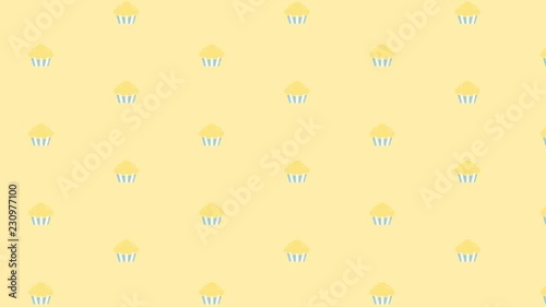 Diseño de patrón con ilustraciones de muffins o cupcakes amarillos y azules en movimiento sobre fondo amarillo