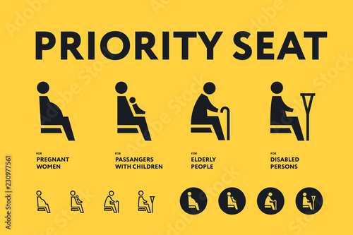 Public Transport Priority Seats for Pregnant Women, Elderly People, Disabled Persons, Passengers with Children. Flat Line Sign Pictogram Icons Set.