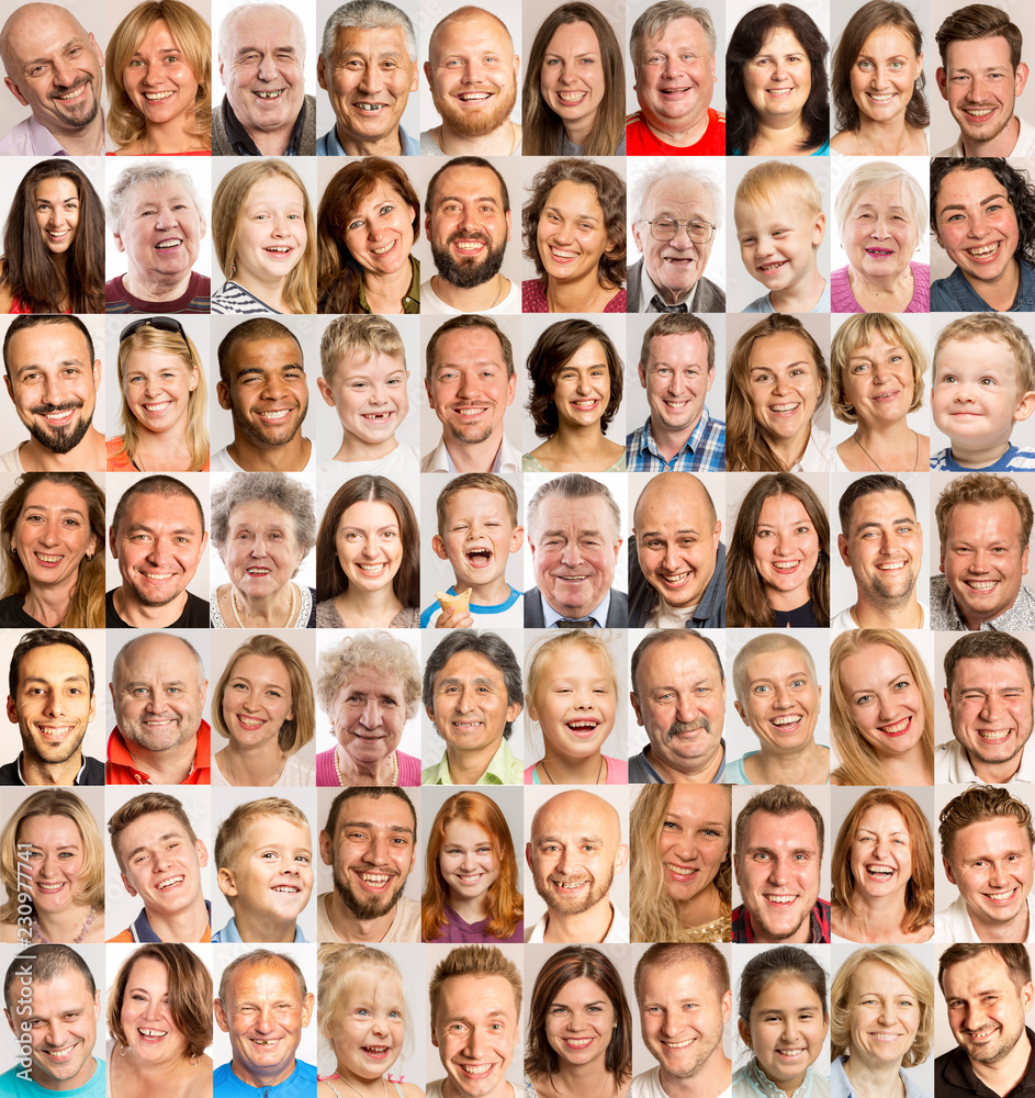A group of images of laughing people of different gender and age, collage A group of images of laughing people of different gender and age, collage