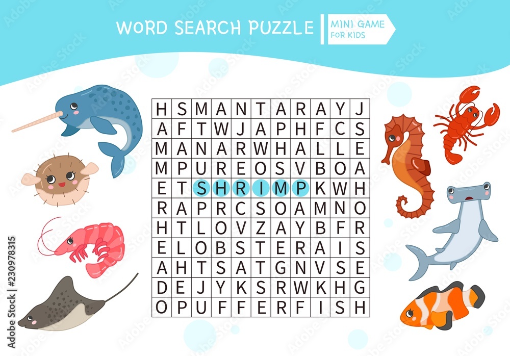Educational game for kids. Word search puzzle with cartoon sea animals.  Kids activity sheet, Stock Vector | Adobe Stock