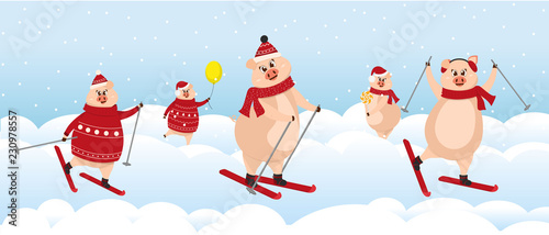 Pig. Leisure activities in winter. Winter sports illustration. Symbol of the Chinese new year 2019. Vector illustration