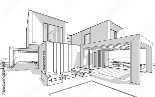 3d rendering sketch of modern cozy house by the river with garage for sale or rent. Black line sketch with soft light shadows on white background