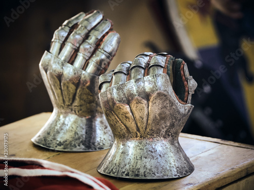 Closeup of antique steel gloves