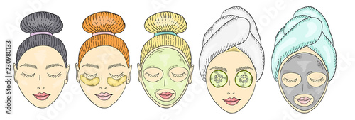 The girl face with a bundle or towel on her head. Beauty treatments and skin care products. Mask and patches on the face.