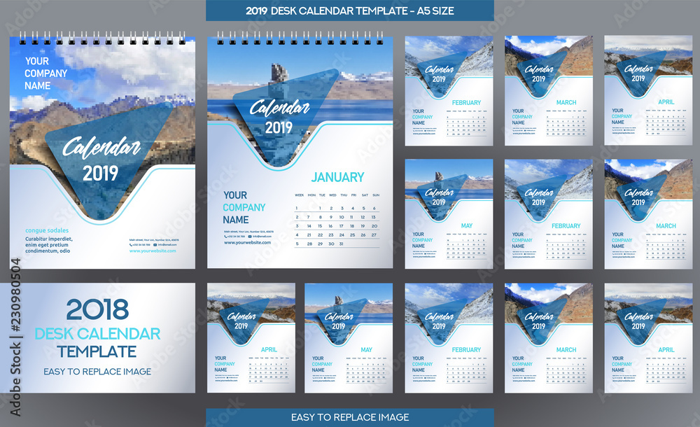 Desk Calendar 2019 template - 12 months included - A5 Size  - obrazy, fototapety, plakaty 