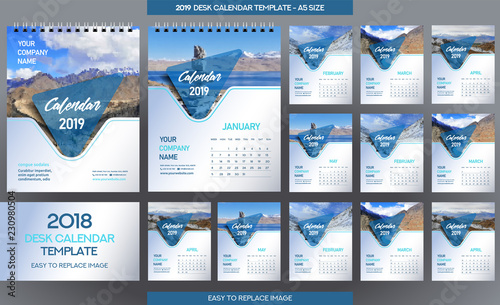 Desk Calendar 2019 template - 12 months included - A5 Size 