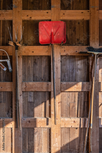 Attrezzi agricoli manuali appesi nella stalla photo