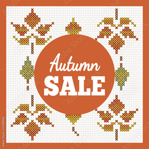 Banner for Autumn sale, imitation of cross-stitch. Vector illustration